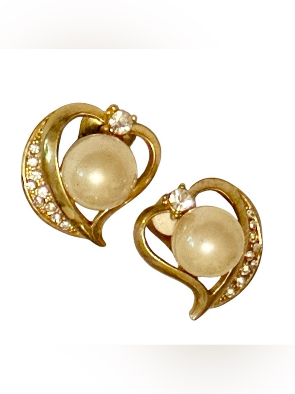 Vintage Gold and Pearl Statement Clip On Earrings with Rhinestones, 1.25”